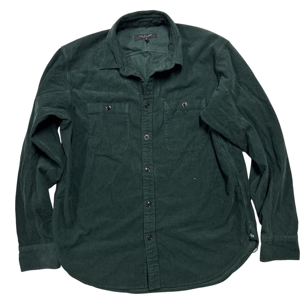 rag & bone Men's Large Gus Corduroy Long-Sleeve Shirt in Dark Green Boho Fall